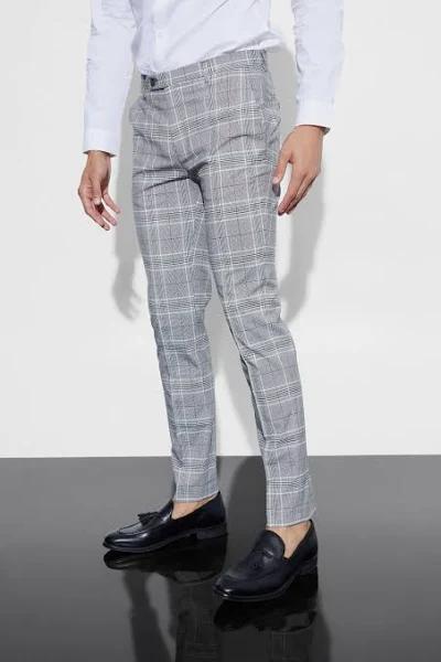 Mens Grey Skinny Fit Black Check Trouser With Pintuck
