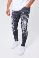 Mens Grey Skinny Stetch All Over Ripped Bleached Jeans