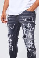 Mens Grey Skinny Stetch All Over Ripped Bleached Jeans