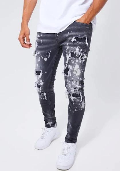 Mens Grey Skinny Stetch All Over Ripped Bleached Jeans