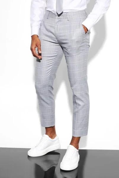 Mens Grey Slim Crop Check Suit Trousers