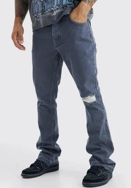 Mens Grey Slim Rigid Flare Contrast Gusset Rip Jeans