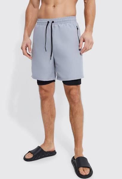 Mens Grey Tall 2in1 Mid Length Swim Short