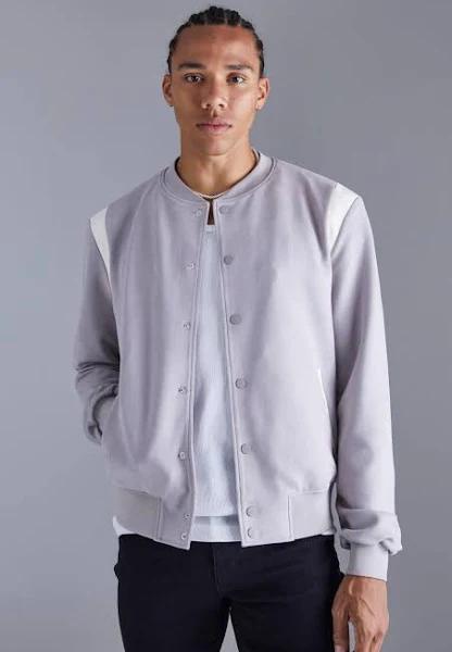Mens Grey Tall Suedette Varsity Bomber