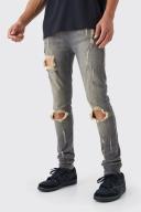 Mens Grey Tall Super Skinny Stretch Multi Rip Stacked Jeans