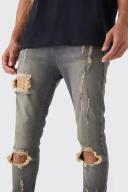 Mens Grey Tall Super Skinny Stretch Multi Rip Stacked Jeans