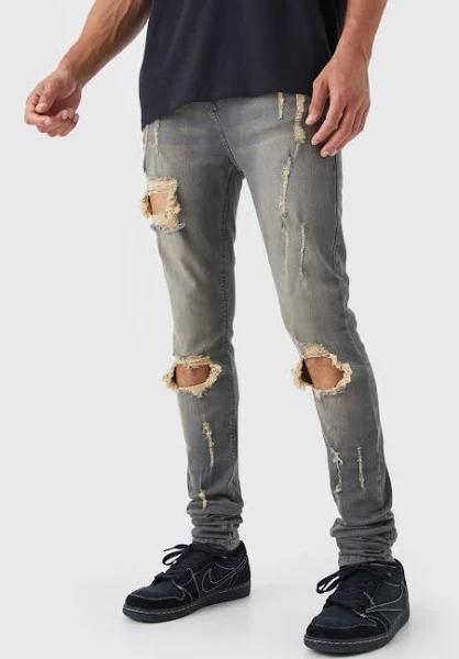 Mens Grey Tall Super Skinny Stretch Multi Rip Stacked Jeans