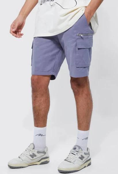 Mens Grey Tall Twill Elastic Waist Zip Cargo Short