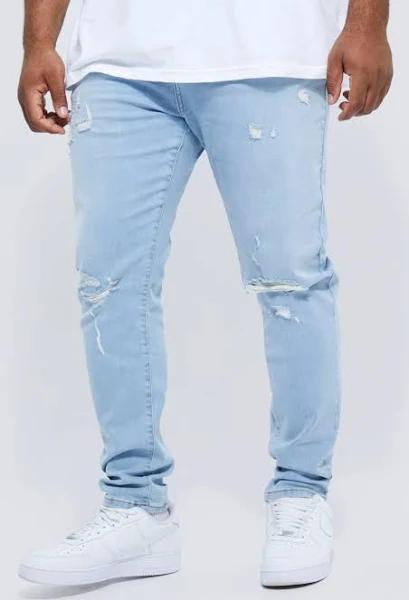 Mens Ice Blue Plus Skinny Stretch Knee Rip Jeans