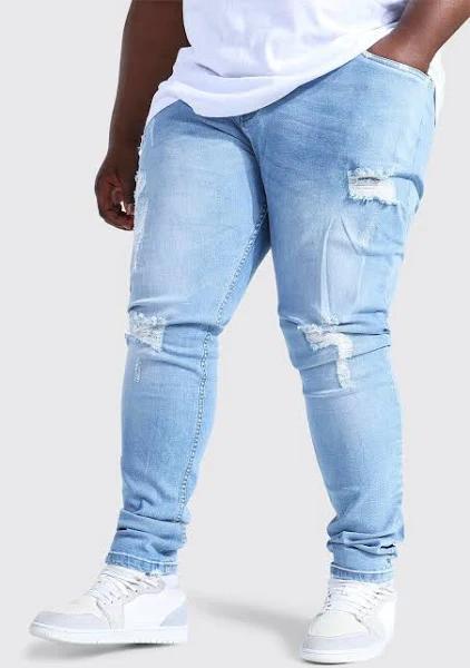 Mens Ice Blue Plus Skinny Stretch Stacked Leg Ripped Jeans