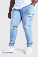 Mens Ice Blue Plus Skinny Stretch Stacked Leg Ripped Jeans