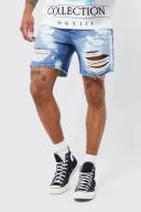 Mens Ice Blue Relaxed Fit Extreme Rip Bleached Denim Shorts