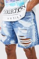 Mens Ice Blue Relaxed Fit Extreme Rip Bleached Denim Shorts