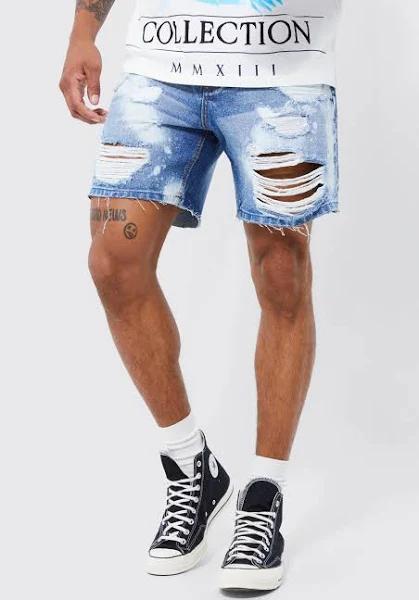 Mens Ice Blue Relaxed Fit Extreme Rip Bleached Denim Shorts