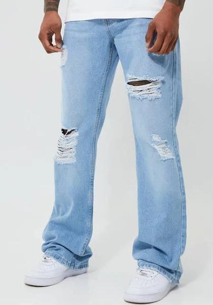 Mens Ice Blue Relaxed Flare All Over Ripped Jeans