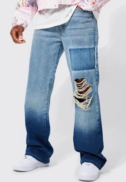 Mens Ice Blue Relaxed Rigid Ripped Knee Flare Jeans