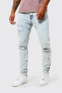 Mens Ice Blue Skinny Stretch Ripped Knee Crinkle Jeans