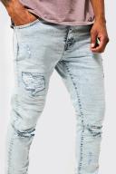 Mens Ice Blue Skinny Stretch Ripped Knee Crinkle Jeans