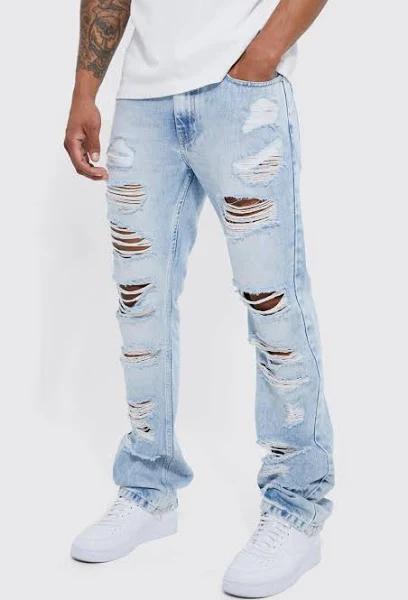 Mens Ice Blue Slim Flare Jeans With All Over rips