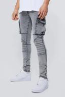 Mens Ice Grey Tall Skinny Fit Large Biker Panel Jean