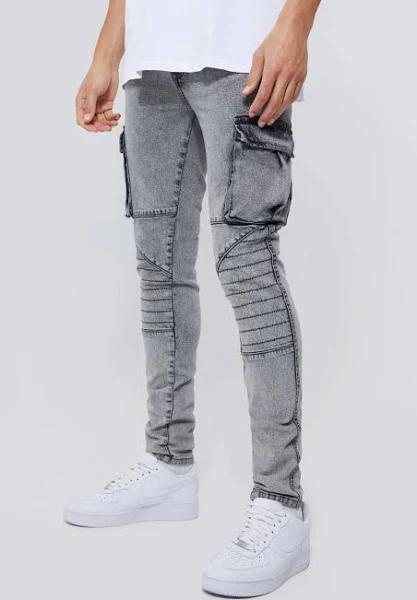 Mens Ice Grey Tall Skinny Fit Large Biker Panel Jean