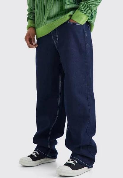 Mens Indigo Baggy Fit Jeans with Contrast Stitch