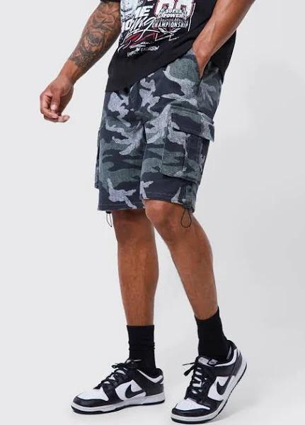 Mens Khaki Elastic Relaxed Camo Toggle Hem Cargo Short