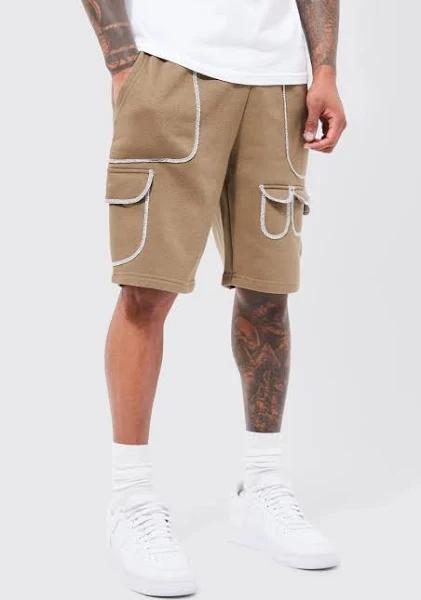 Mens Khaki Loose Multi Cargo Jersey Short