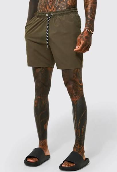 Mens Khaki Mid Length Plain Swim Shorts