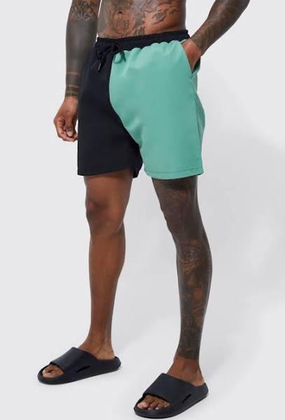 Mens Khaki Mid Length Spliced Waistband Man Swim Shorts