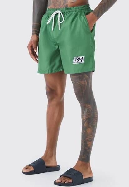 Mens Khaki Mid Length Woven Tab Swim Shorts