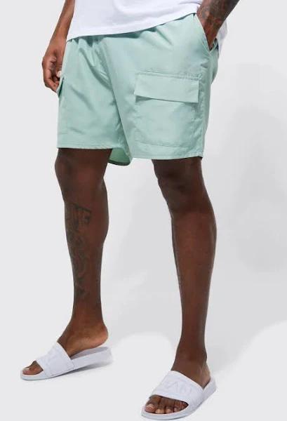Mens Khaki Plus Mid Length Cargo Swim Shorts