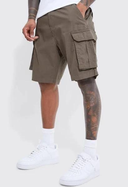 Mens Khaki Relaxed Elastic Waist Cargo Short