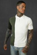Mens Khaki Short Sleeve Half Zip Colour Block Knit Polo