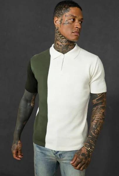 Mens Khaki Short Sleeve Half Zip Colour Block Knit Polo