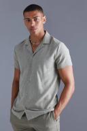 Mens Khaki Short Sleeve Linen Look Slub Shirt