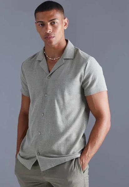 Mens Khaki Short Sleeve Linen Look Slub Shirt