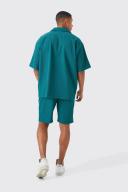 Mens Khaki Short Sleeve Oversized Pleated Shirt & Short Set
