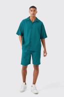 Mens Khaki Short Sleeve Oversized Pleated Shirt & Short Set