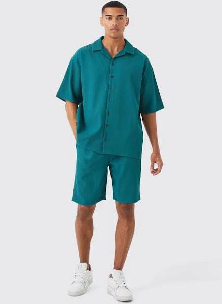 Mens Khaki Short Sleeve Oversized Pleated Shirt & Short Set