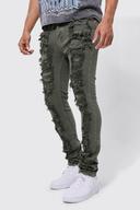 Mens Khaki Slim Fit Ripped Overdye Stacked Jeans