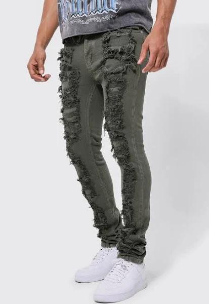 Mens Khaki Slim Fit Ripped Overdye Stacked Jeans