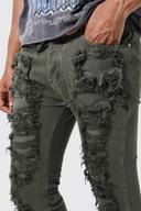 Mens Khaki Slim Fit Ripped Overdye Stacked Jeans