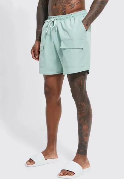 Mens Khaki Tall Mid Length Cargo Swim Shorts