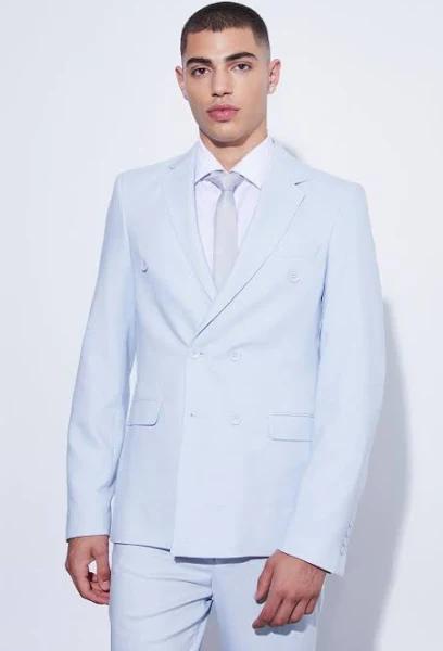 Mens Light Blue Double Breasted Slim Textured Suit Jacket