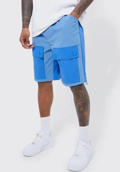 Mens Light Blue Elastic Relaxed Lightweight Stretch Colour Block Cargo