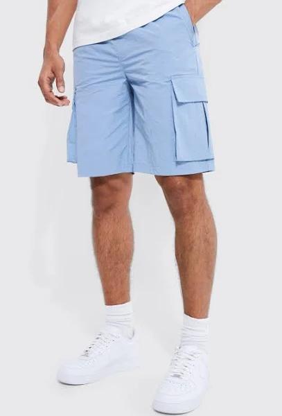 Mens Light Blue Elastic Waist Crinkle Shell Cargo Short