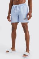 Mens Light Blue Mid Length Woven Tab Swim Shorts