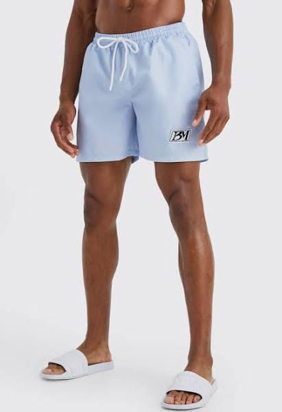 Mens Light Blue Mid Length Woven Tab Swim Shorts