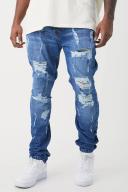 Mens Light Blue Plus Skinny Stretch All Over Rip Stacked Jeans